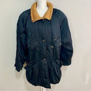 Vintage J. Gallery 80s Crinkle Nylon Parka Jacket Black‎ Gold Oversized S *FLAW*